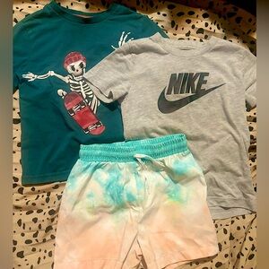 Boys Size 4 Lot: Nike Logo Tee, Skeleton Skater Shirt, Tie-Dye Swim Shorts